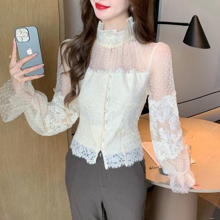 FA53265# 春季法式纯欲蕾丝打底衬衫女设计感网纱拼接修身长袖上衣 服裝批發女裝批發服飾貨源
