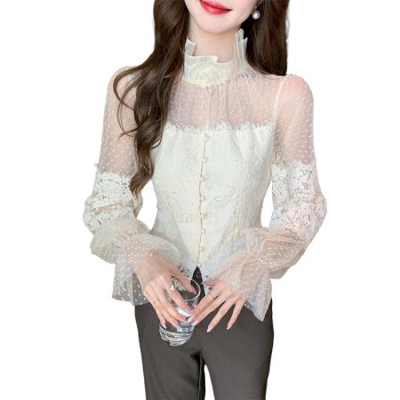 FA53265# 春季法式纯欲蕾丝打底衬衫女设计感网纱拼接修身长袖上衣 服裝批發女裝批發服飾貨源