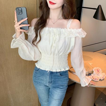 FA53266# 春季荷叶边挂脖长袖雪纺衫设计感收腰显瘦露肩小衫上衣女 服裝批發女裝批發服飾貨源
