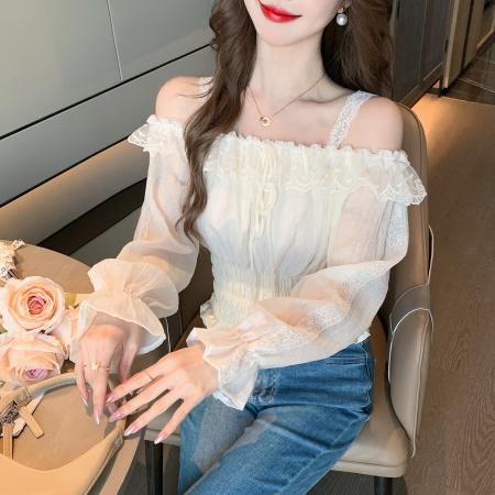 FA53266# 春季荷叶边挂脖长袖雪纺衫设计感收腰显瘦露肩小衫上衣女 服裝批發女裝批發服飾貨源