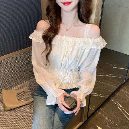FA53266# 春季荷叶边挂脖长袖雪纺衫设计感收腰显瘦露肩小衫上衣女 服裝批發女裝批發服飾貨源
