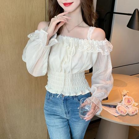 FA53266# 春季荷叶边挂脖长袖雪纺衫设计感收腰显瘦露肩小衫上衣女 服裝批發女裝批發服飾貨源