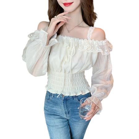 FA53266# 春季荷叶边挂脖长袖雪纺衫设计感收腰显瘦露肩小衫上衣女 服裝批發女裝批發服飾貨源
