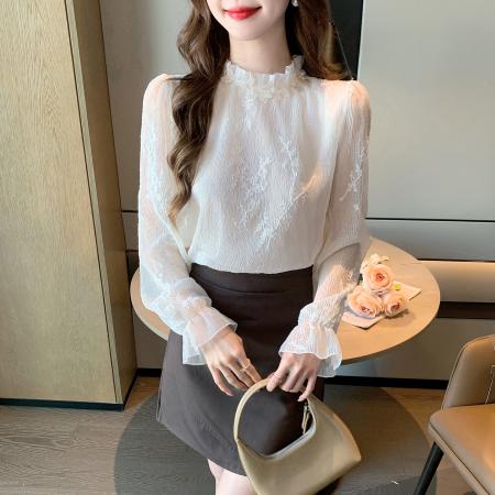 FA53267# 春季法式荷叶边立领长袖蕾丝刺绣衫女时尚显瘦套头上衣 服裝批發女裝批發服飾貨源