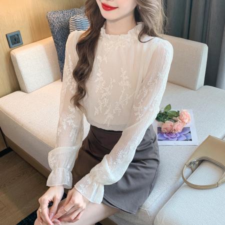 FA53267# 春季法式荷叶边立领长袖蕾丝刺绣衫女时尚显瘦套头上衣 服裝批發女裝批發服飾貨源