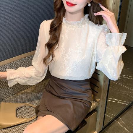 FA53267# 春季法式荷叶边立领长袖蕾丝刺绣衫女时尚显瘦套头上衣 服裝批發女裝批發服飾貨源