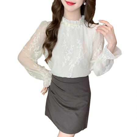 FA53267# 春季法式荷叶边立领长袖蕾丝刺绣衫女时尚显瘦套头上衣 服裝批發女裝批發服飾貨源