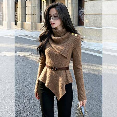FA53268# 韩系慵懒假两件围脖领咖色针织衫女冬季新款独特气质轻熟上衣 服裝批發女裝批發服飾貨源