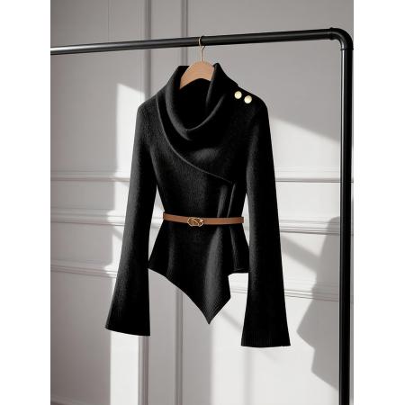 FA53268# 韩系慵懒假两件围脖领咖色针织衫女冬季新款独特气质轻熟上衣 服裝批發女裝批發服飾貨源