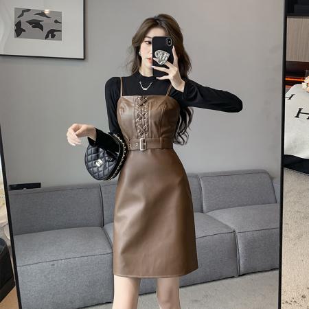 FA53270# 秋冬新款性感时尚系带收腰PU皮连衣裙打底衫两件套女 服裝批發女裝批發服飾貨源