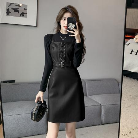 FA53270# 秋冬新款性感时尚系带收腰PU皮连衣裙打底衫两件套女 服裝批發女裝批發服飾貨源