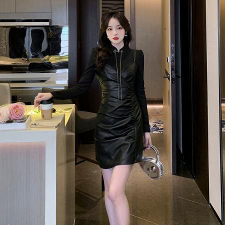 FA53272# 外贸秋季新款pu皮收腰吊带连衣裙+内搭修身长袖打底衫 服裝批發女裝批發服飾貨源