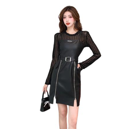 FA53273# 外贸小个子吊带PU皮裙连衣裙女港味洋气减龄炸街两件套装 服裝批發女裝批發服飾貨源