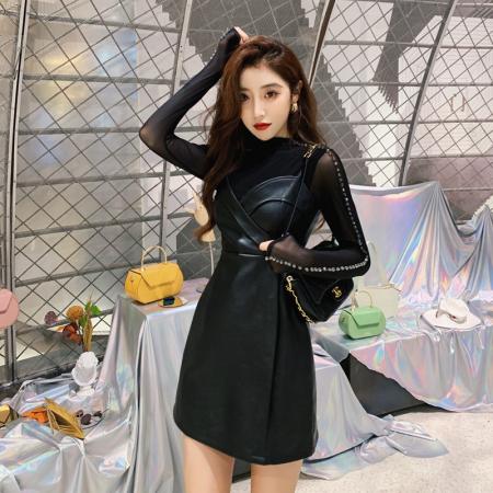 FA53275# 外贸秋冬新款气质PU皮洋气连衣裙两件套 服裝批發女裝批發服飾貨源