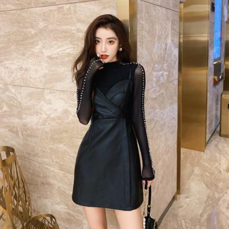 FA53275# 外贸秋冬新款气质PU皮洋气连衣裙两件套 服裝批發女裝批發服飾貨源