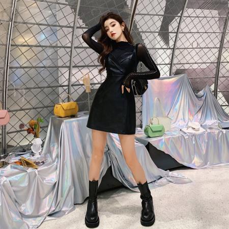 FA53275# 外贸秋冬新款气质PU皮洋气连衣裙两件套 服裝批發女裝批發服飾貨源