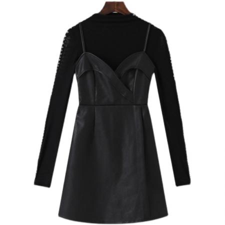 FA53275# 外贸秋冬新款气质PU皮洋气连衣裙两件套 服裝批發女裝批發服飾貨源