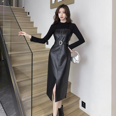 FA53276# 外贸秋冬显瘦法式高级感气质pu中长款裙子包臀吊带皮裙两件套 服裝批發女裝批發服飾貨源