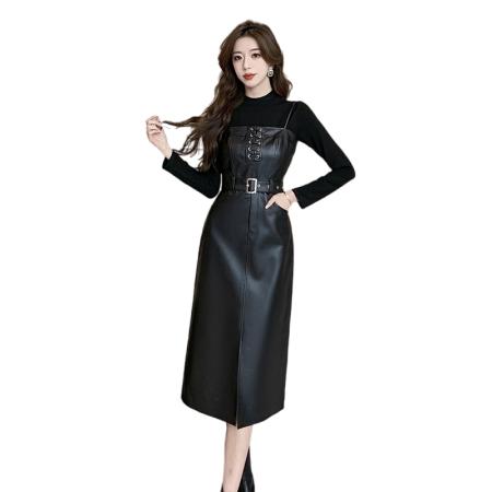FA53276# 外贸秋冬显瘦法式高级感气质pu中长款裙子包臀吊带皮裙两件套 服裝批發女裝批發服飾貨源