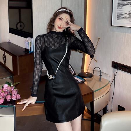 FA53278# 外贸秋冬新款蕾丝上衣+PU皮吊带连衣裙 服裝批發女裝批發服飾貨源
