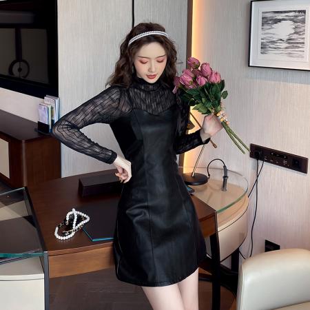 FA53278# 外贸秋冬新款蕾丝上衣+PU皮吊带连衣裙 服裝批發女裝批發服飾貨源