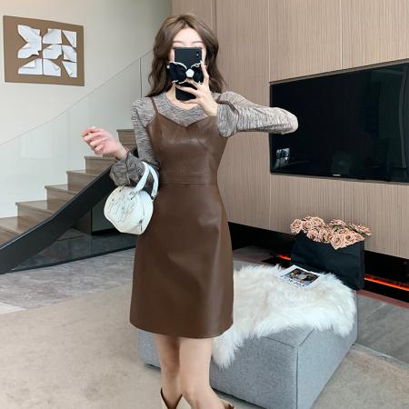 FA53279# 外贸法式吊带连衣裙女新款修身气质显瘦皮裙高级感皮套装 服裝批發女裝批發服飾貨源