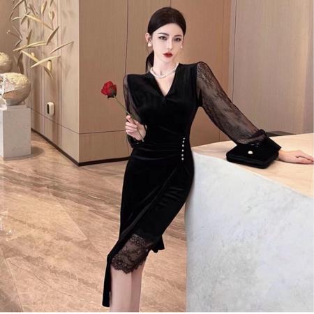 FA53281# 外贸秋冬新款名媛气质蕾丝拼接金丝绒显瘦中长款连衣裙 服裝批發女裝批發服飾貨源