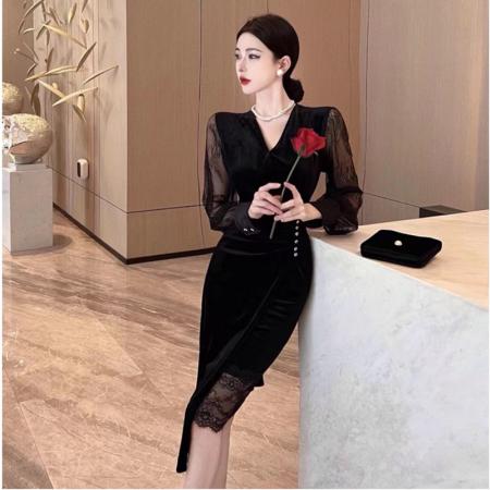 FA53281# 外贸秋冬新款名媛气质蕾丝拼接金丝绒显瘦中长款连衣裙 服裝批發女裝批發服飾貨源