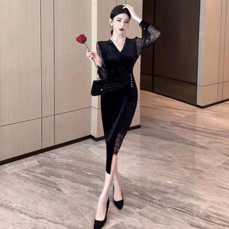 FA53281# 外贸秋冬新款名媛气质蕾丝拼接金丝绒显瘦中长款连衣裙 服裝批發女裝批發服飾貨源