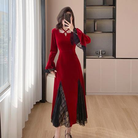 FA53282# 外贸法式丝绒连衣裙女秋冬高级感赫本风蕾丝挂脖打底内搭裙 服裝批發女裝批發服飾貨源