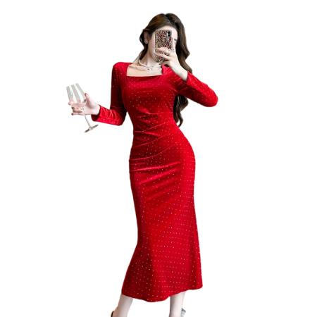 FA53283# 外贸烫钻丝绒连衣裙女秋冬款高端轻奢方领法式气质包臀礼服 服裝批發女裝批發服飾貨源