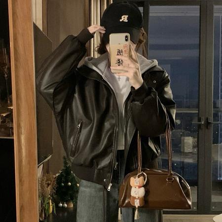 FA53284# 冬季新款女装时尚假两件拼接夹棉皮衣连帽夹克棉服外套 服裝批發女裝批發服飾貨源