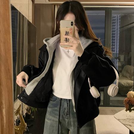 FA53284# 冬季新款女装时尚假两件拼接夹棉皮衣连帽夹克棉服外套 服裝批發女裝批發服飾貨源