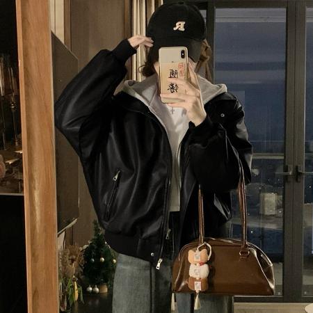 FA53284# 冬季新款女装时尚假两件拼接夹棉皮衣连帽夹克棉服外套 服裝批發女裝批發服飾貨源