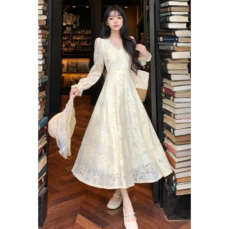 FA53285# 超好看V领正肩喇叭袖连衣裙女早春新款大码胖m超仙网纱蕾丝裙 服裝批發女裝批發服飾貨源