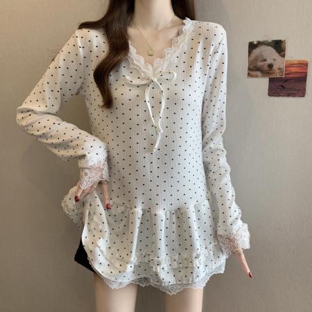 FA53286# 大码蝴蝶波点蕾丝内搭打底衫长袖T恤冬新款胖mm显瘦V领上衣 服裝批發女裝批發服飾貨源