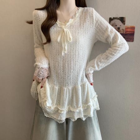 FA53286# 大码蝴蝶波点蕾丝内搭打底衫长袖T恤冬新款胖mm显瘦V领上衣 服裝批發女裝批發服飾貨源