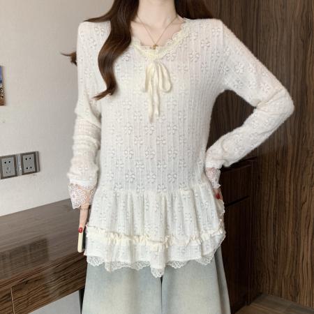 FA53286# 大码蝴蝶波点蕾丝内搭打底衫长袖T恤冬新款胖mm显瘦V领上衣 服裝批發女裝批發服飾貨源