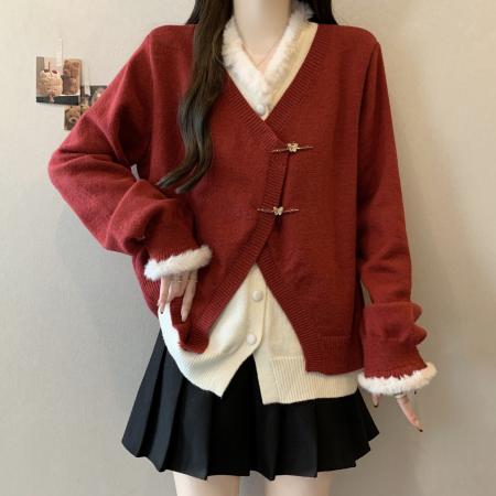 FA53288# 大码设计感假两件毛衣冬季新款胖mm新年红色显瘦遮肉上衣 服裝批發女裝批發服飾貨源