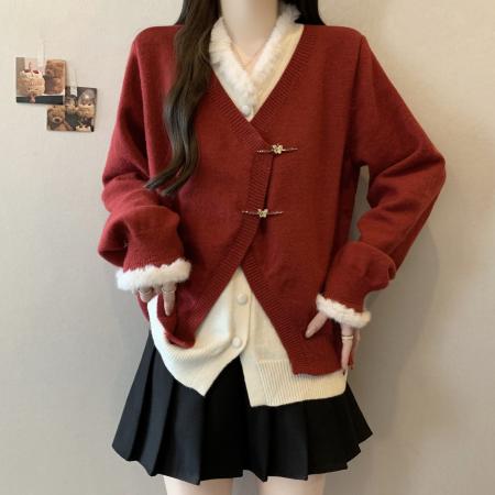 FA53288# 大码设计感假两件毛衣冬季新款胖mm新年红色显瘦遮肉上衣 服裝批發女裝批發服飾貨源