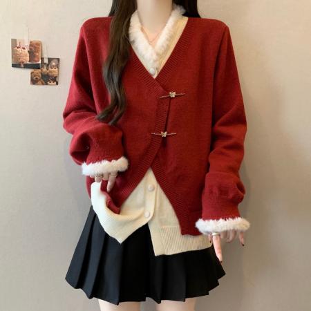 FA53288# 大码设计感假两件毛衣冬季新款胖mm新年红色显瘦遮肉上衣 服裝批發女裝批發服飾貨源