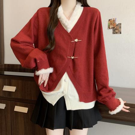 FA53288# 大码设计感假两件毛衣冬季新款胖mm新年红色显瘦遮肉上衣 服裝批發女裝批發服飾貨源