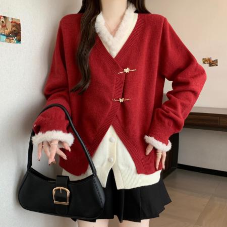 FA53288# 大码设计感假两件毛衣冬季新款胖mm新年红色显瘦遮肉上衣 服裝批發女裝批發服飾貨源