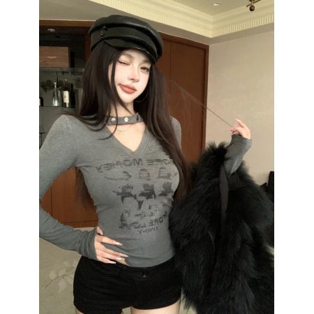 FA53289# 美式辣妹挂脖V领设计感印花磨毛修身显瘦内搭打底衫上衣 服裝批發女裝批發服飾貨源