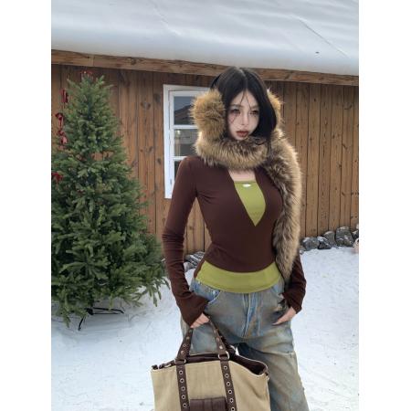 FA53291# 冬季辣妹撞色高领假两件镂空修身显瘦磨毛加绒内搭打底衫 服裝批發女裝批發服飾貨源