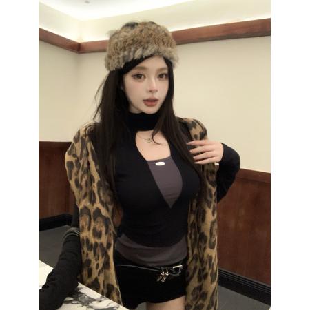 FA53291# 冬季辣妹撞色高领假两件镂空修身显瘦磨毛加绒内搭打底衫 服裝批發女裝批發服飾貨源