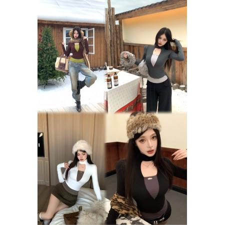 FA53291# 冬季辣妹撞色高领假两件镂空修身显瘦磨毛加绒内搭打底衫 服裝批發女裝批發服飾貨源