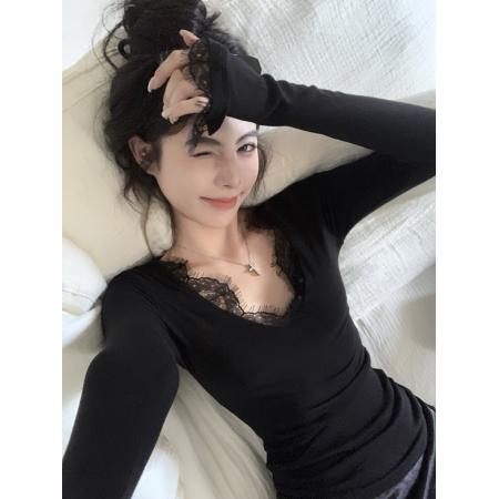 FA53292# 秋季纯欲性感女神内搭打底衫女修身显瘦V领蕾丝花边上衣 服裝批發女裝批發服飾貨源