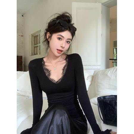 FA53292# 秋季纯欲性感女神内搭打底衫女修身显瘦V领蕾丝花边上衣 服裝批發女裝批發服飾貨源