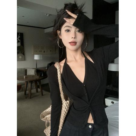 FA53293# 秋冬新款性感辣妹风吊带挂脖开衫显瘦假两件内搭打底上衣 服裝批發女裝批發服飾貨源